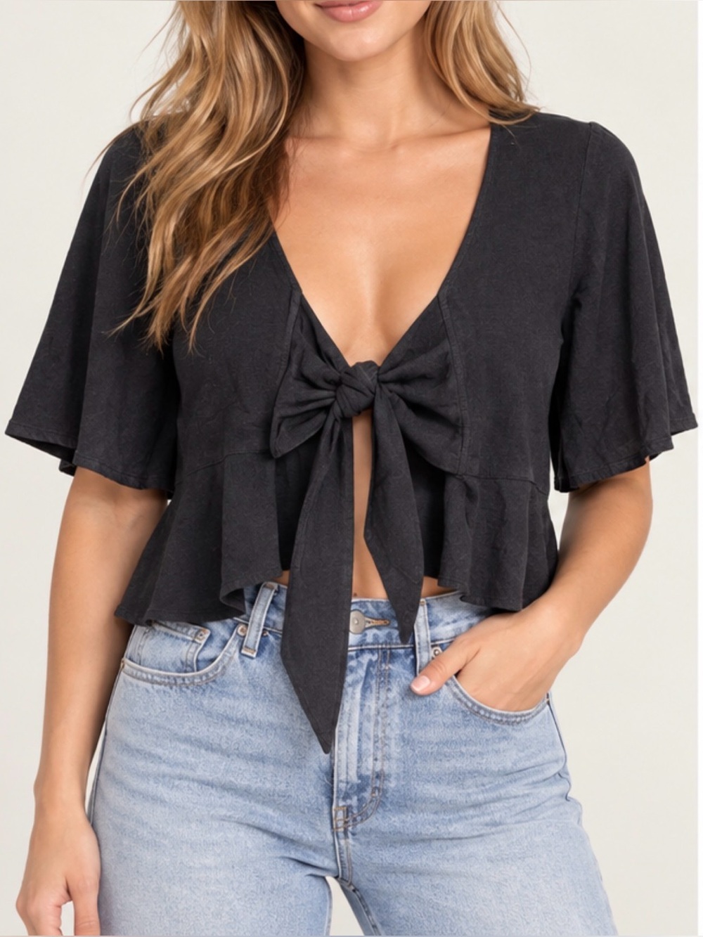 American Eagle Black Tie-Front Peplum Top